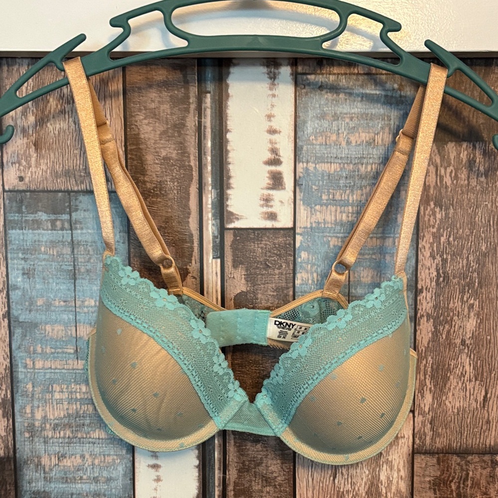 DKNY Lace Accent Bra in Aqua and Beige